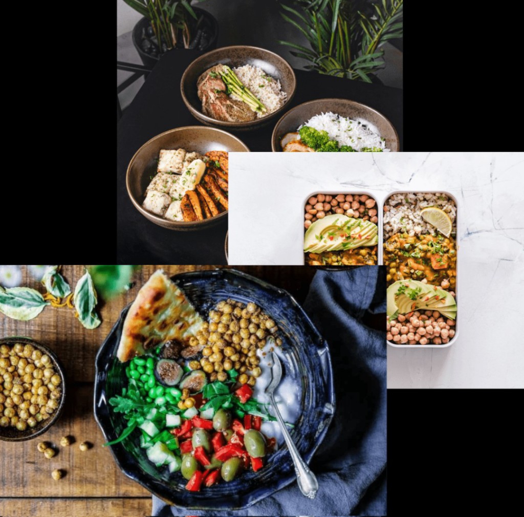 people enjoying food, meals in a storge container, and food bowls on a table